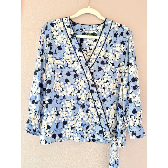 Lauren Ralph Lauren Tops - Lauren Ralph Lauren Blue Floral Surplice Wrap Front Blouse Large